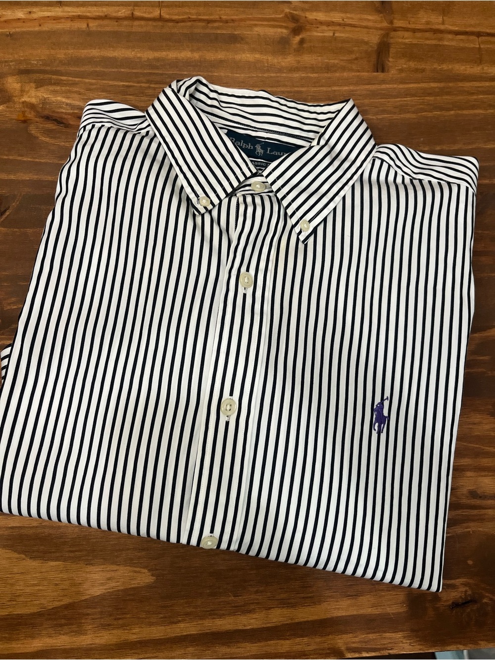 Ralph Lauren classic Men’s Shirt with Black Vertical Stripes and Purple Pony EUC